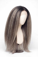 Yaki Straight Glueless Human Hair Wig in Shade T5-5/55 Ash Halo, Rooted Ash Brown with Light Ash Blonde Highlights, by Kora Strand