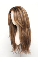Yaki Straight Layered Glueless Human Hair Wig in Shade 4/27 Riviera Brun, Medium Brown and Honey Blonde Highlights and Lowlights, by Kora Strand