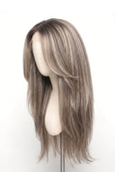 Yaki Straight Layered Glueless Human Hair Wig in Shade T5-7/20 Mink Ash, Rooted Dark Ash Blonde Balayage Blend, by Kora Strand