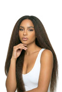 Yaki Straight nahtlose Volumenhaarverlängerung von Kora Strand, die die Haartextur und Länge zeigt