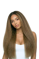 Yaki Straight Nahtlinien-Klebeweft-Extensions, die die Haartextur und Länge von Kora Strand zeigen
